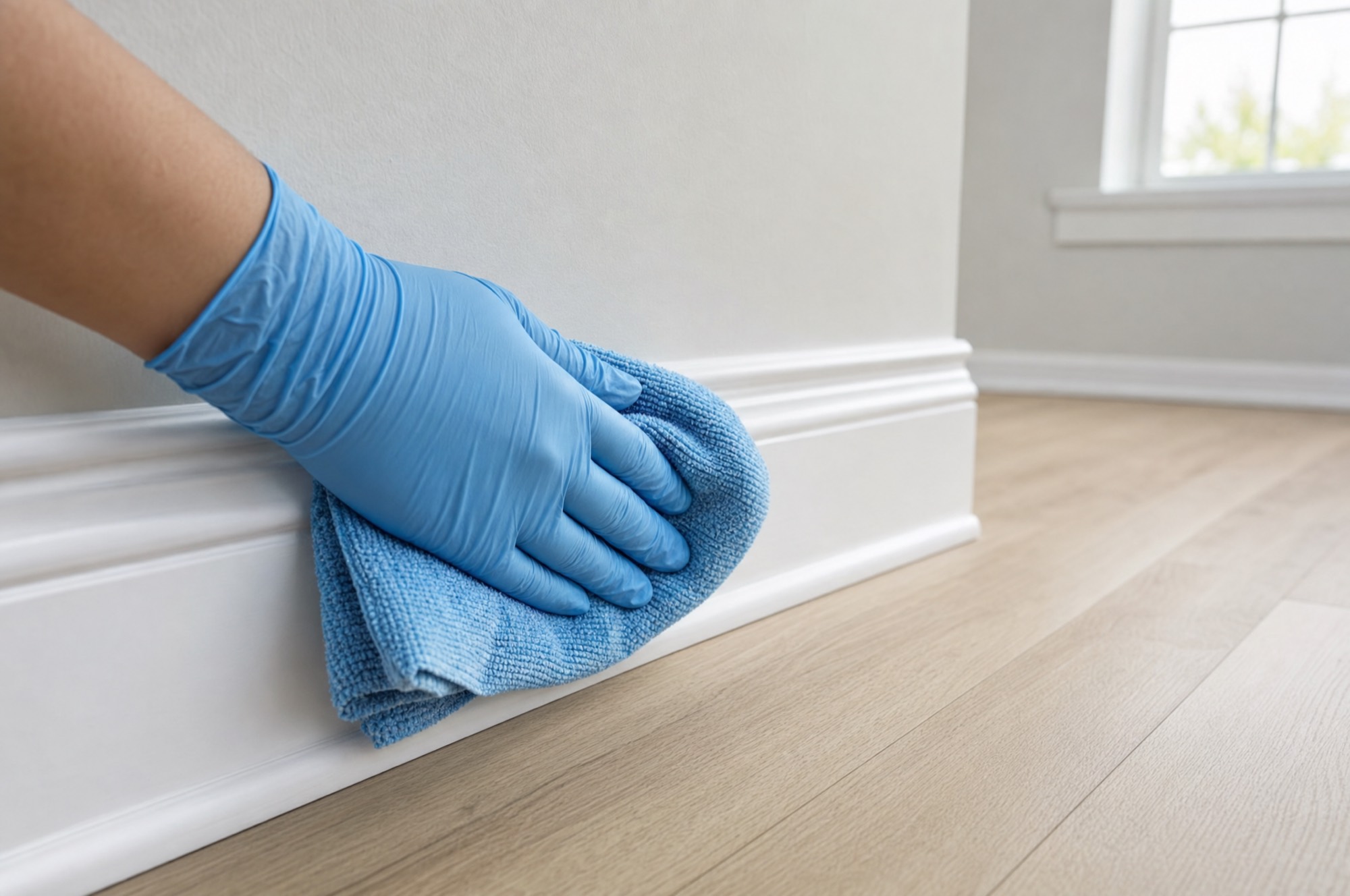 A gloved hand wiping a white baseboard with a microfiber cloth